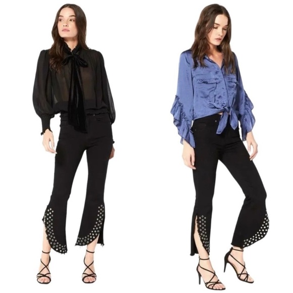 Misa The Super Star Cropped Split Hem Grommet Flare Jeans in Black - Picture 1 of 10